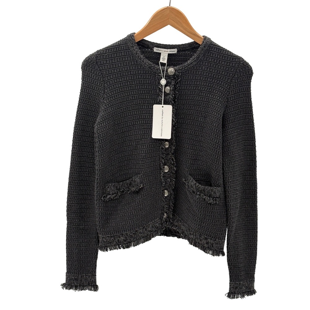New Autumn Cashmere Jacket Blazer Fringe Trimmed Cotton Old Money Gray Women XS